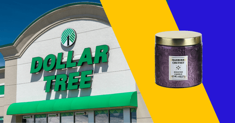 Collage of Dollar Tree storefront and a purple candle product