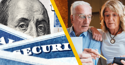 social security and older couple looking at finances