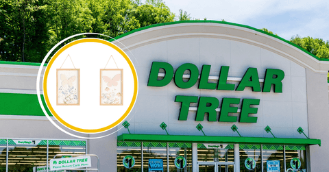 Collage of Dollar Tree storefront and a butterfly frame wall decor product