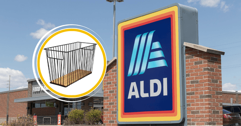 Collage of Aldi's storefront and a wire basket product