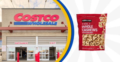 Collage of Costco's storefront and a large bag of Kirkland cashews 