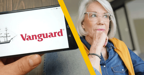 vanguard on mobile phone and senior woman working