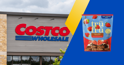 Collage of Costco's storefront and a strawberry frozen treat product