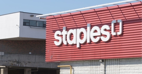 sign on the exterior of Staples