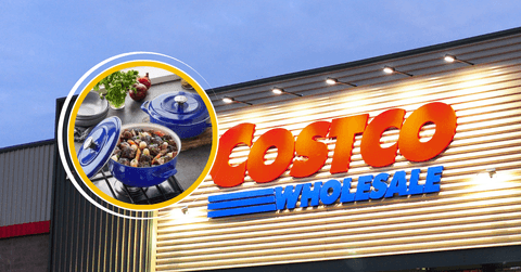 Collage of Costco storefront and a stew pot product cooking on the stove