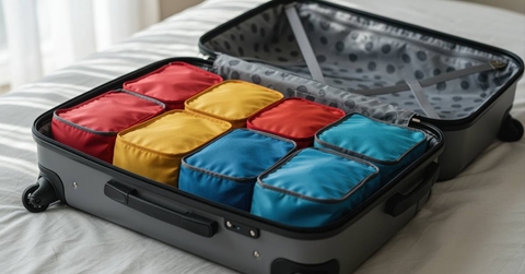 organized suitcase with colorful packing cubes on a bed