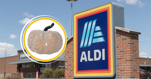 Collage of ALDI storefront and a LED ceramic pumpkin lamp product