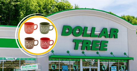 Collage of Dollar Tree storefront and a set of coffee mugs for fall
