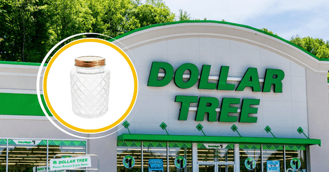 Collage of Dollar Tree storefront and a glass jar product