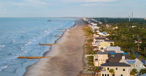aerial view of shoreline and landscape of folly beach town near charleston