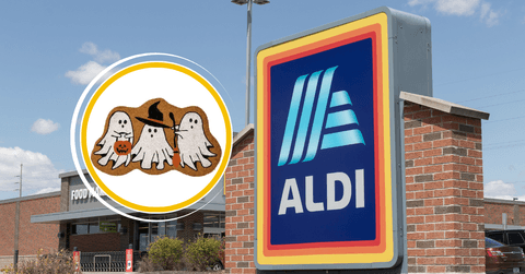 Collage of ALDI storefront and a Halloween ghost coir mat product