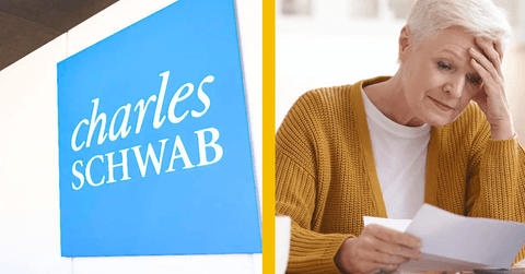 charles schwab office and upset senior woman