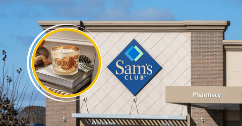 Collage of Sam's Club storefront and a pumpkin candle product