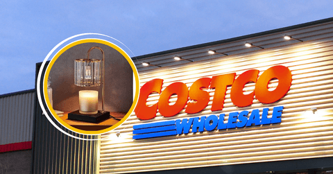 Collage of Costco store front and a candle warmer product