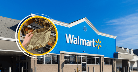 Collage of Walmart storefront and a golden leaf decor product