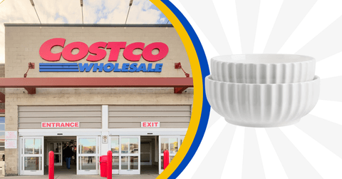 Collage of Costco storefront and two ceramic bowl product