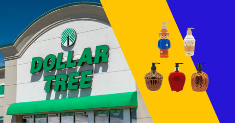 Collage of Dollar Tree storefront and a collection of seasonal hand soaps