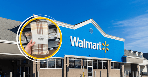 Collage of Walmart storefront and a plaid napkin product