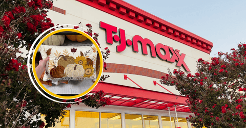 Collage of TJ Maxx storefront and a kitchen towel set