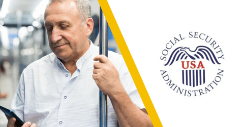 60 year old man looking at phone and social security administration