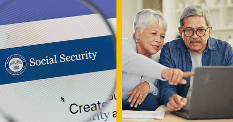 social security webpage and older couple on laptop