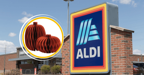 Aldi paper pumpkins in front of storefront