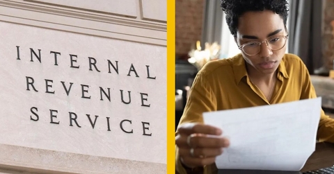 internal revenue service and woman checking document