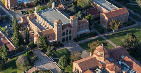afternoon aerial view of historic Royce Hall on the UCLA campus