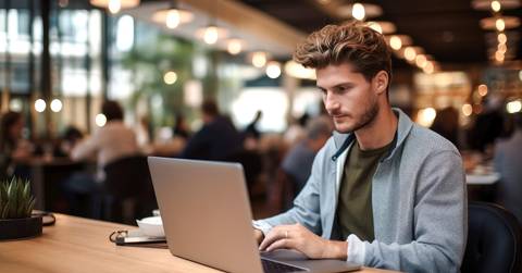 working on a laptop in a cafe
