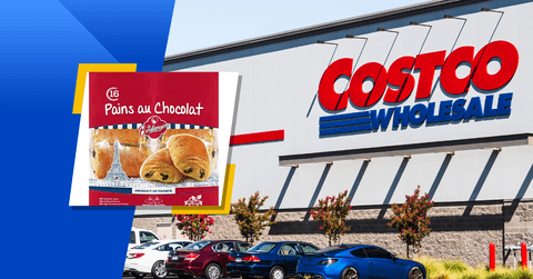 Collage of Pains au Chocolat from La Boulangere and Costco store front