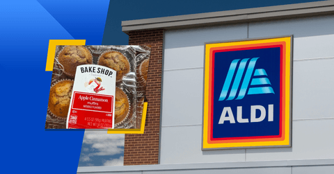 Collage Aldi front store and Apple Muffin tray