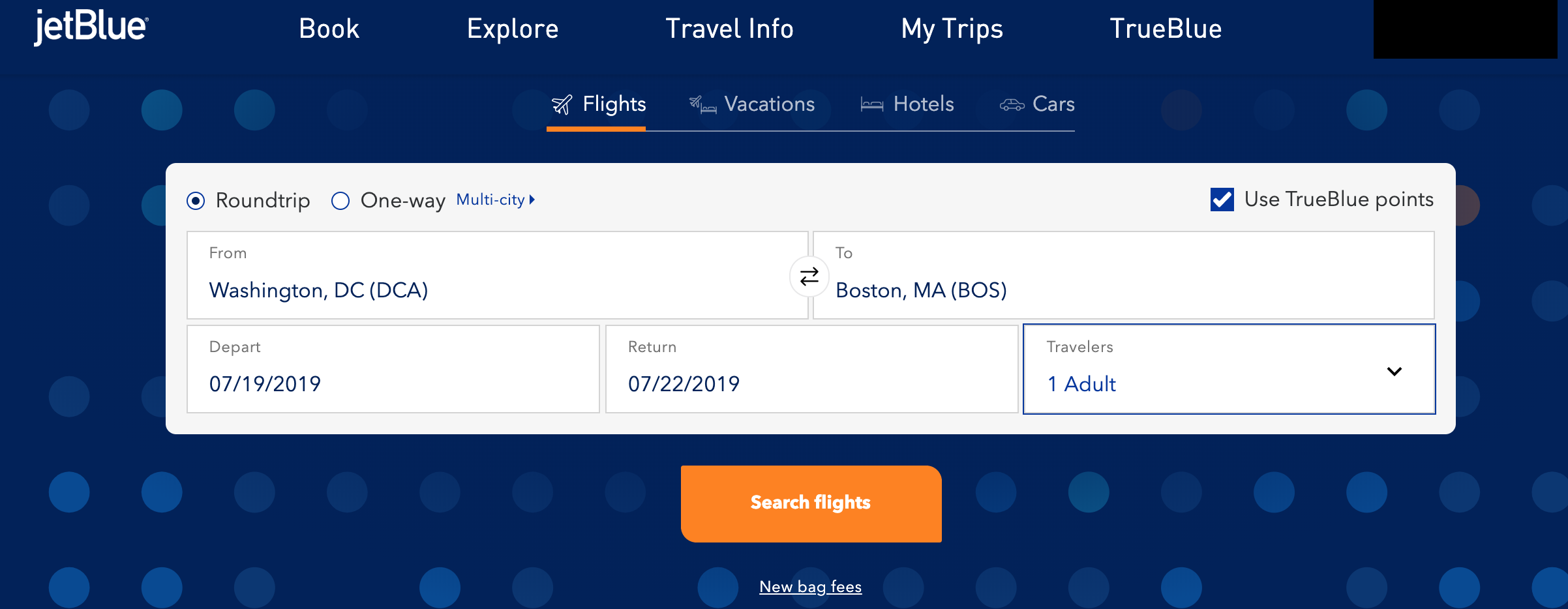 Screenshot from Jetblue.com