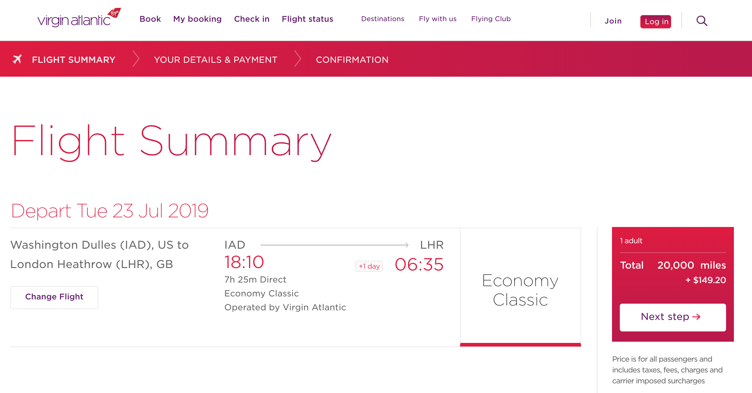 Screenshot from VirginAtlantic.com