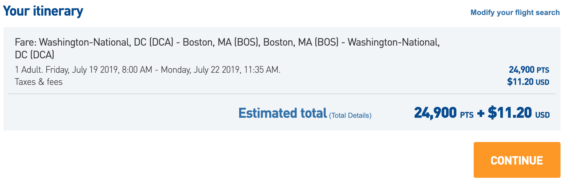 Screenshot from Jetblue.com