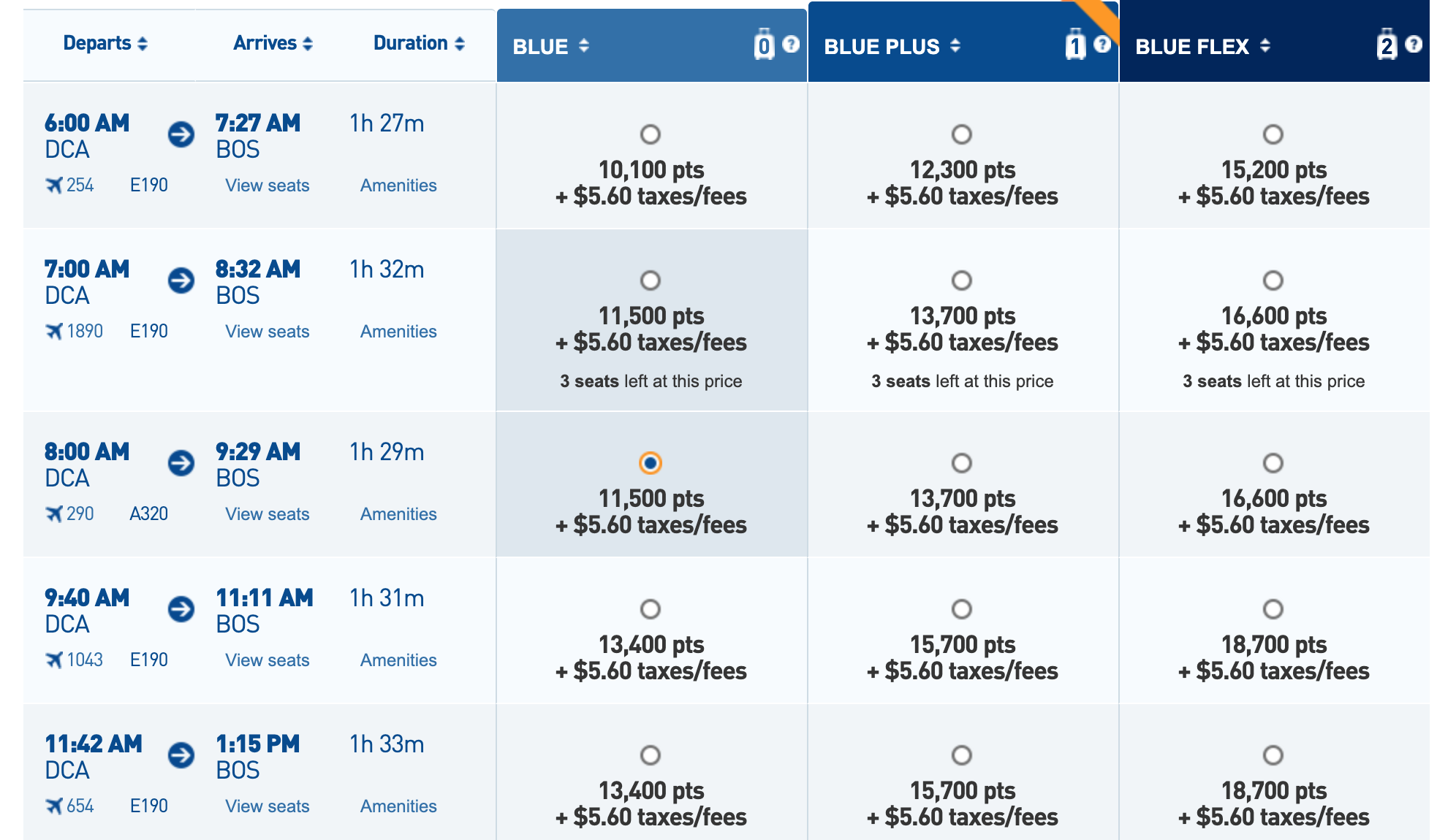 Screenshot from Jetblue.com