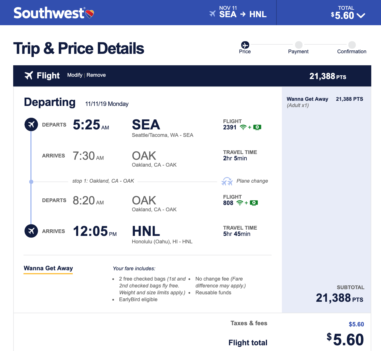 Screenshot from Southwest.com