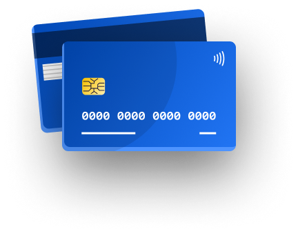Illustration of a blue credit card with a card chip pattern behind it