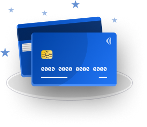 Illustration of a blue credit card with stars surrounding it